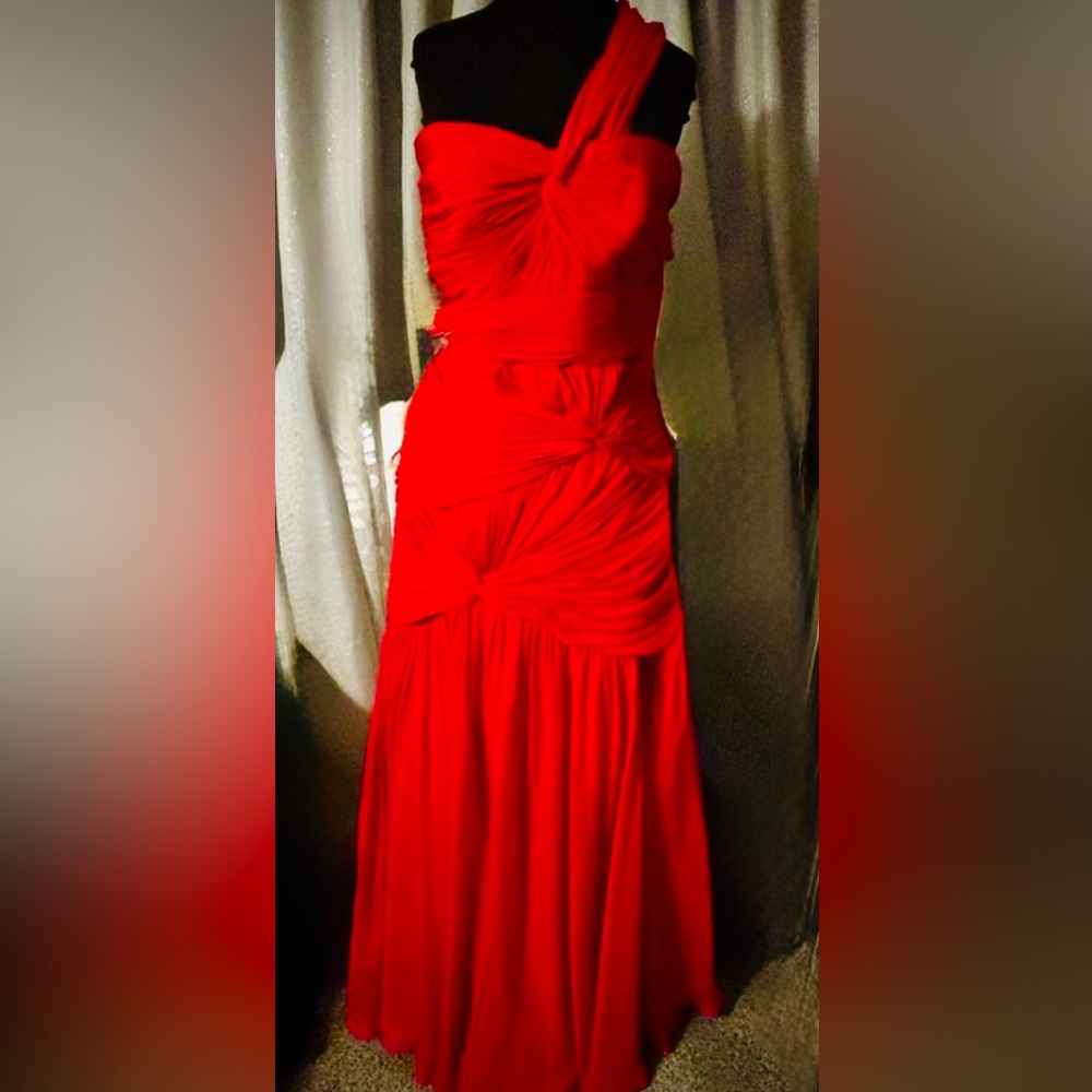 ❤️ ML MONIQUE LHUILLIER RED SILK XXS GOWN PLEATED ONE SHOULDER PROM FORMAL